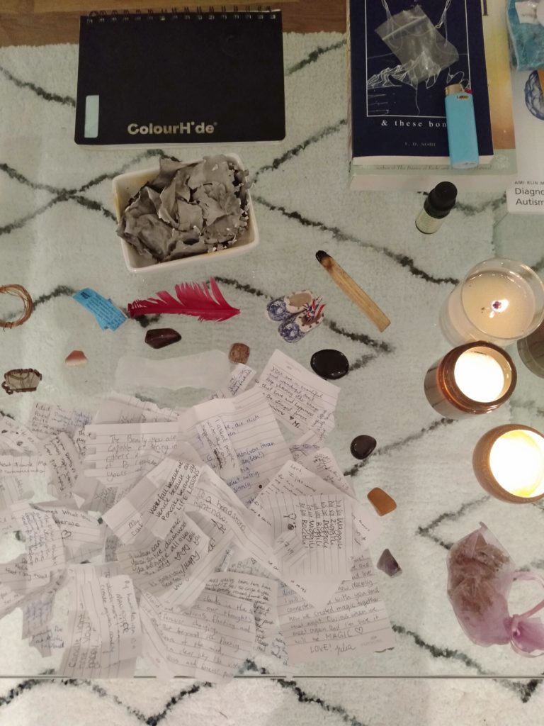the table spread out with notes and candles all over it in New York